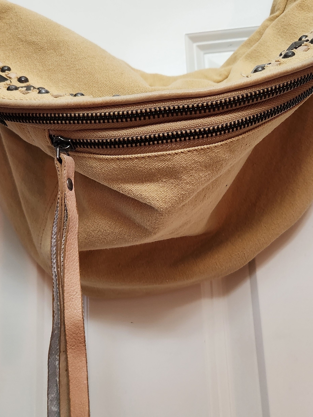 Free People Brand, Canvas Hobo Shoulder Bag in Tan, Fringe, & Zippers.